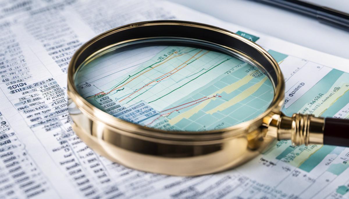 A magnifying glass focusing on a financial chart representing expense tracking