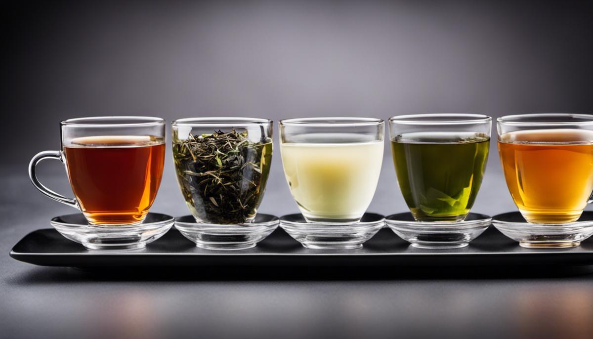 Different types of tea displayed from left to right: green, black, oolong, white, and herbal. Each type of tea is shown in a tea cup with a saucer and a tea bag. The image showcases a variety of colors and flavors that represent the diverse range of teas.