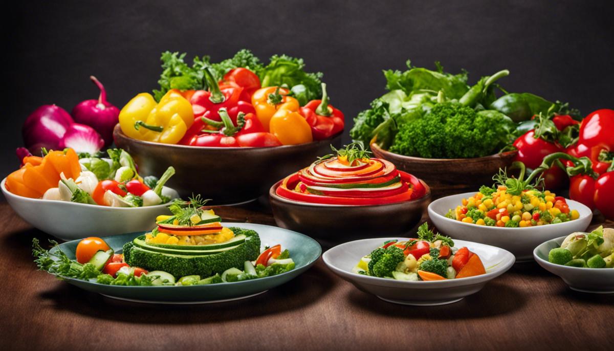A group of colorful vegetable dishes arranged artistically on a table, displaying the diversity and appeal of vegetarian cuisine