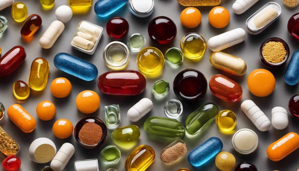 Image depicting a variety of vitamin supplements on a light background for visually impaired individuals