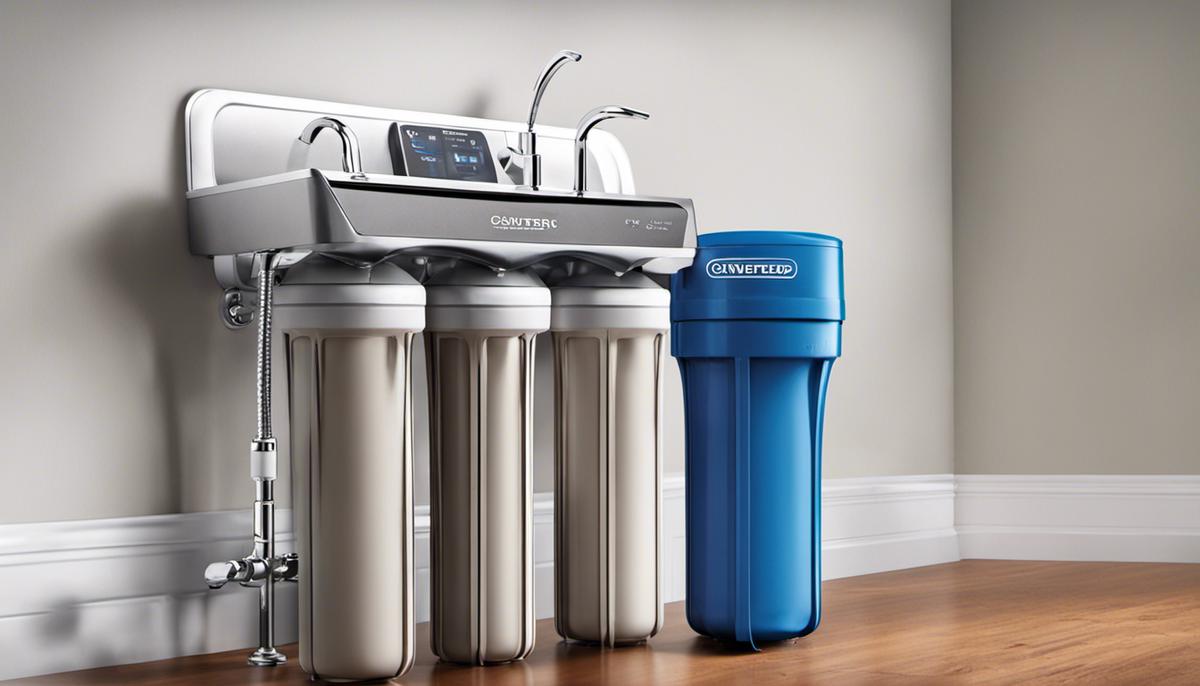 Illustration of two water filters, one representing a whole house filter and the other representing an under sink filter. The whole house filter is larger and connected to multiple outlets, while the under sink filter is smaller and connected to a single faucet.