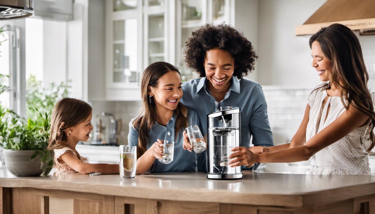 An image of a water filtration system at home, with a family happily pouring water into glasses.