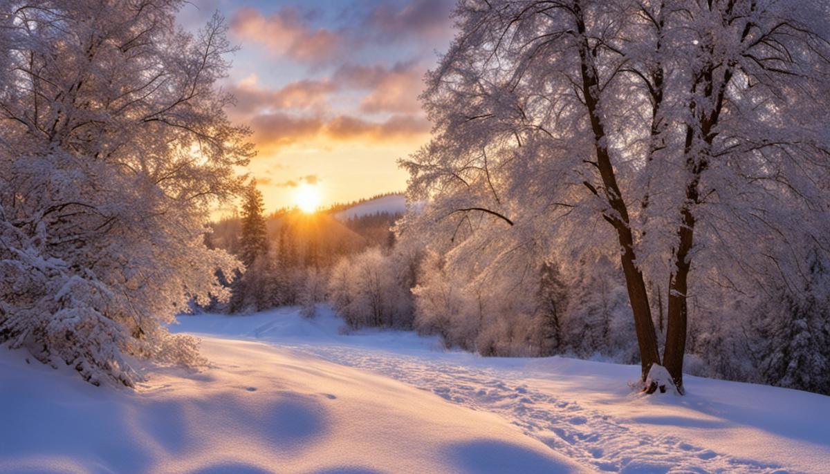 A cozy pair of gloves in a winter setting with snow-covered trees.