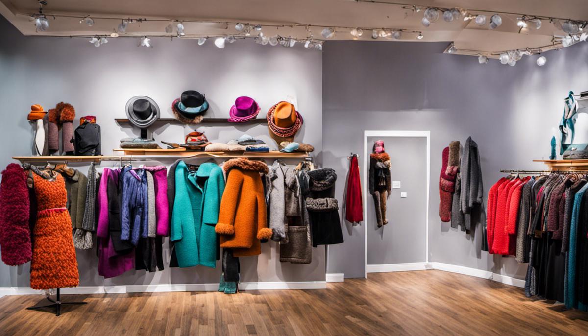 A colorful display of handmade winter clothing and accessories, showcasing the creativity and variety of DIY winter fashion.