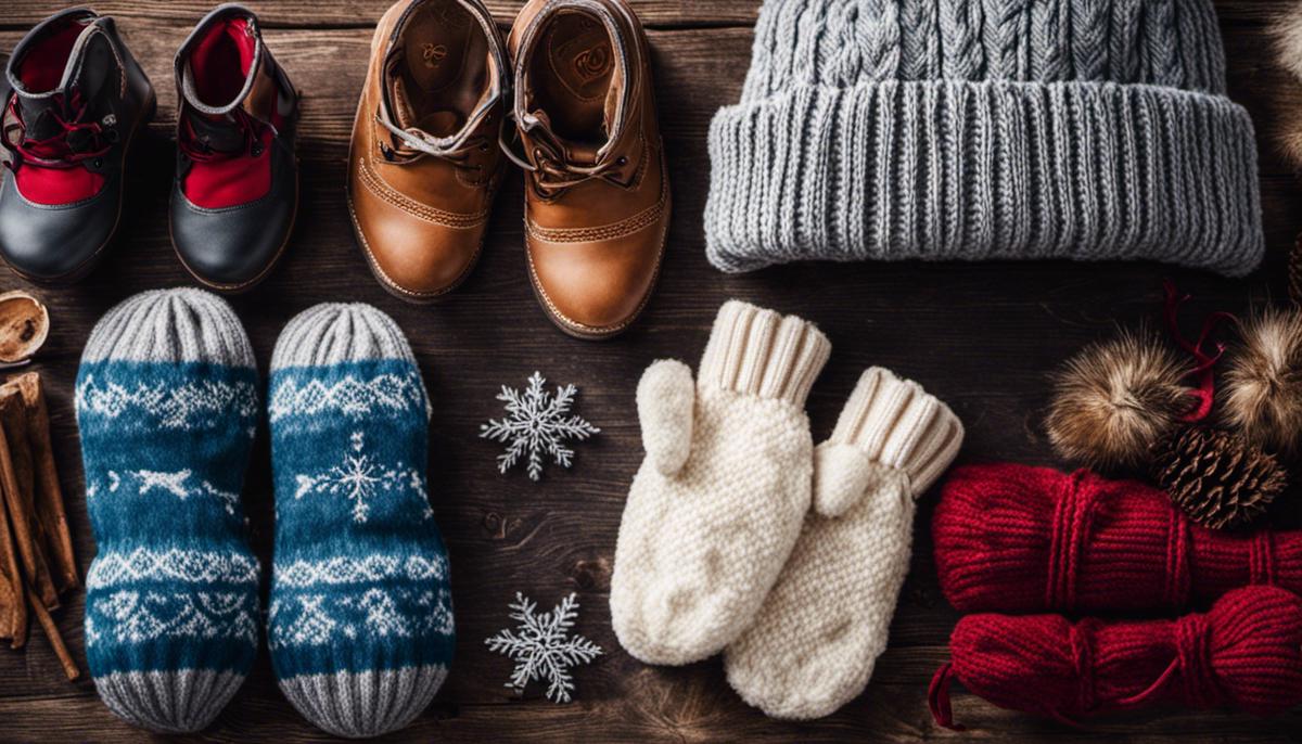 A photo of winter essentials, including thermal wear, boots, mittens, hats, and gloves.