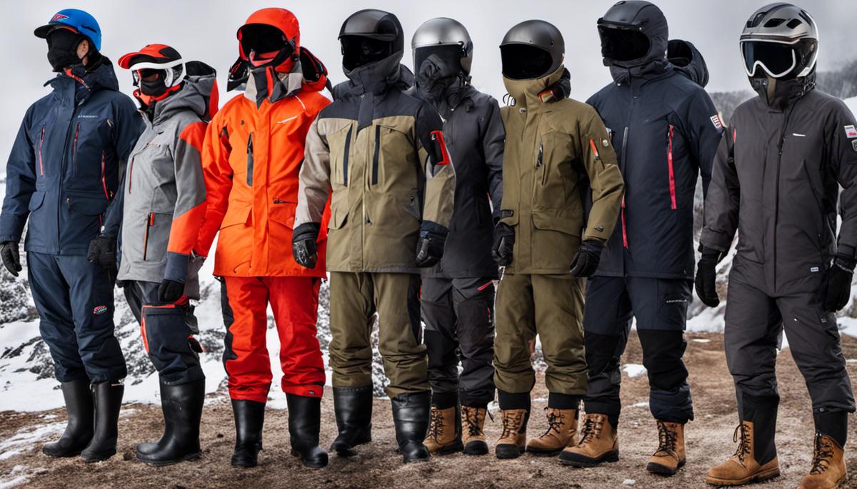 A variety of winter gear including jackets, boots, gloves, and pants.