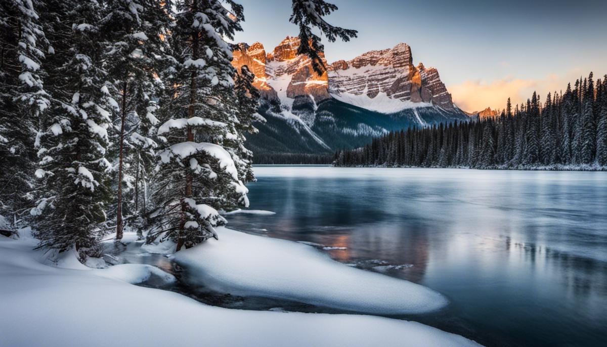 A breathtaking winter landscape in Canada, showcasing snow-covered mountains, a frozen lake, and evergreen trees