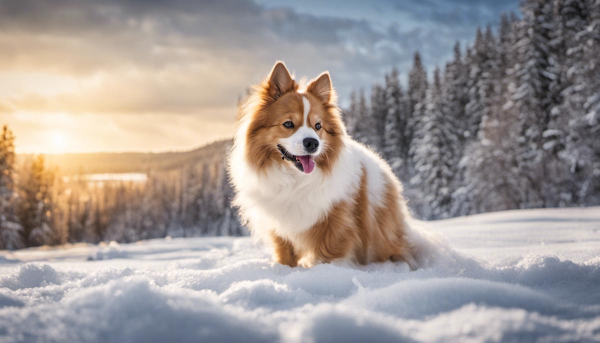 An image of a joyful pet playing in the snow, with a winter scenery in the background