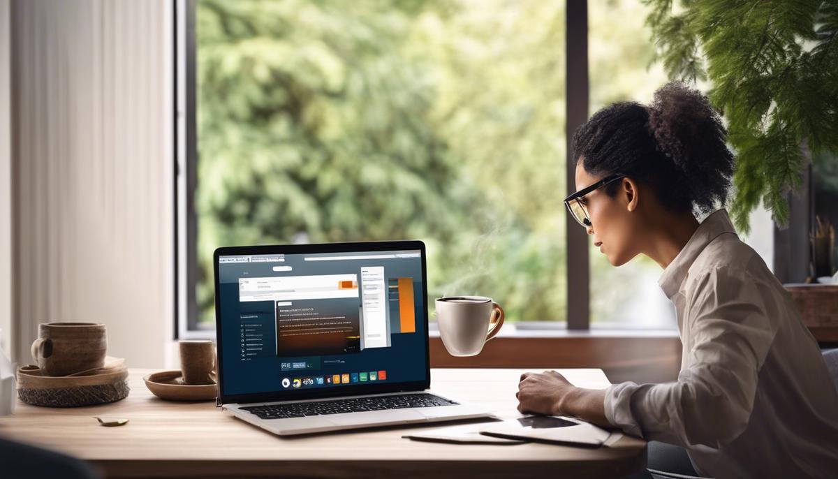 An image showing a person working from home with their laptop and a cup of coffee next to them, symbolizing the concept of home-based work enhancing productivity.