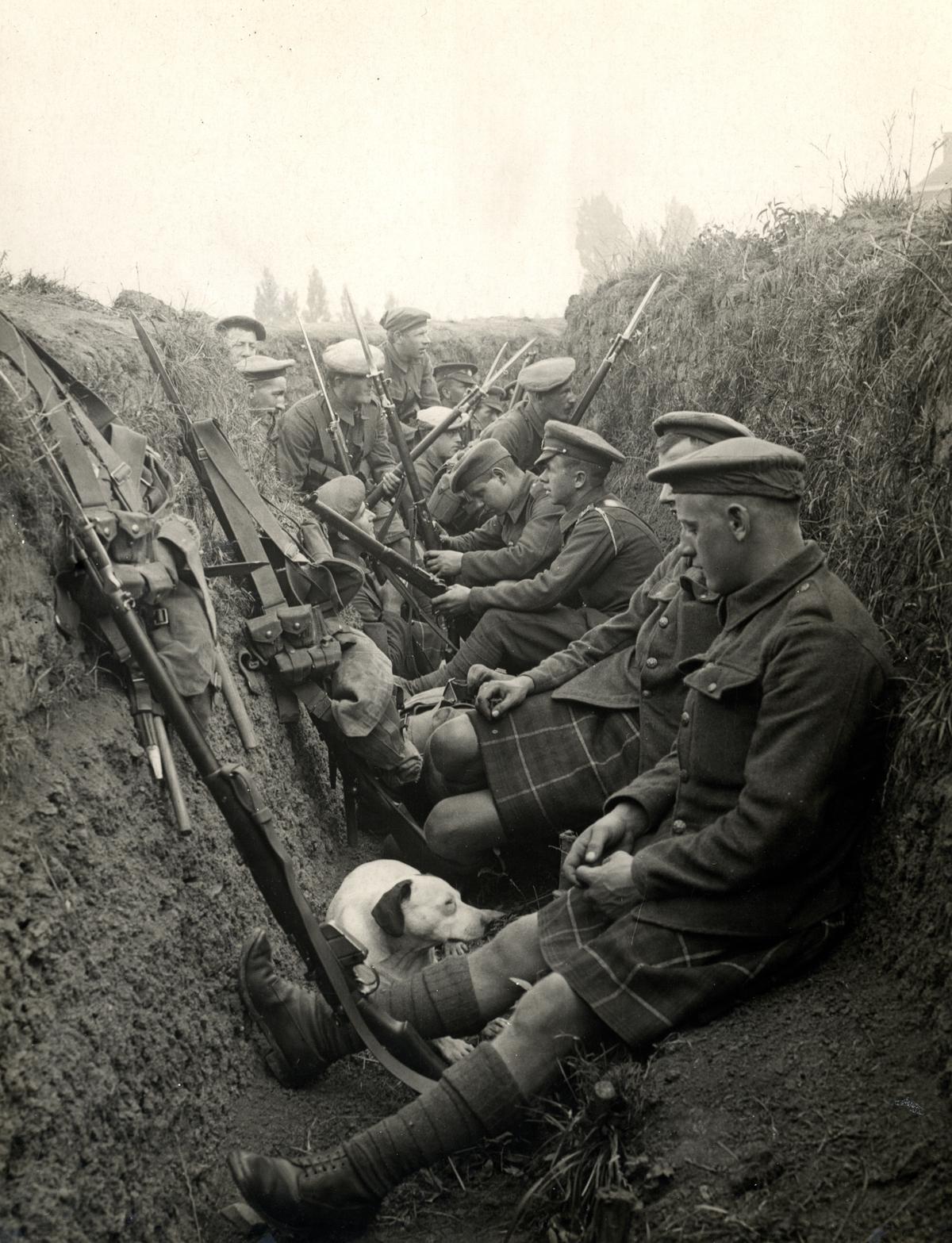 Image depicting World War I: a group of soldiers in uniforms standing in a trench, with barbed wire and damaged buildings in the background